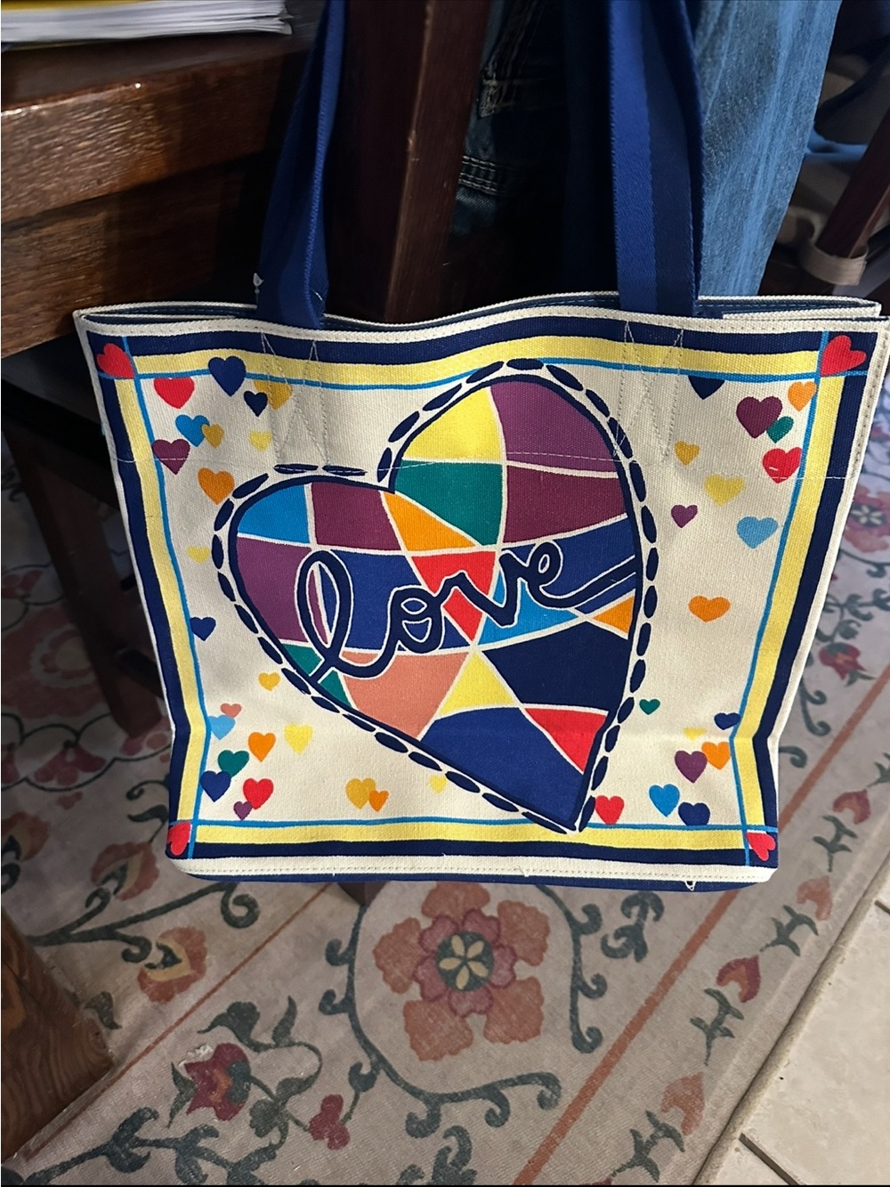 Brighton Multicolor Heart 'Love' Canvas Tote with Navy Handles